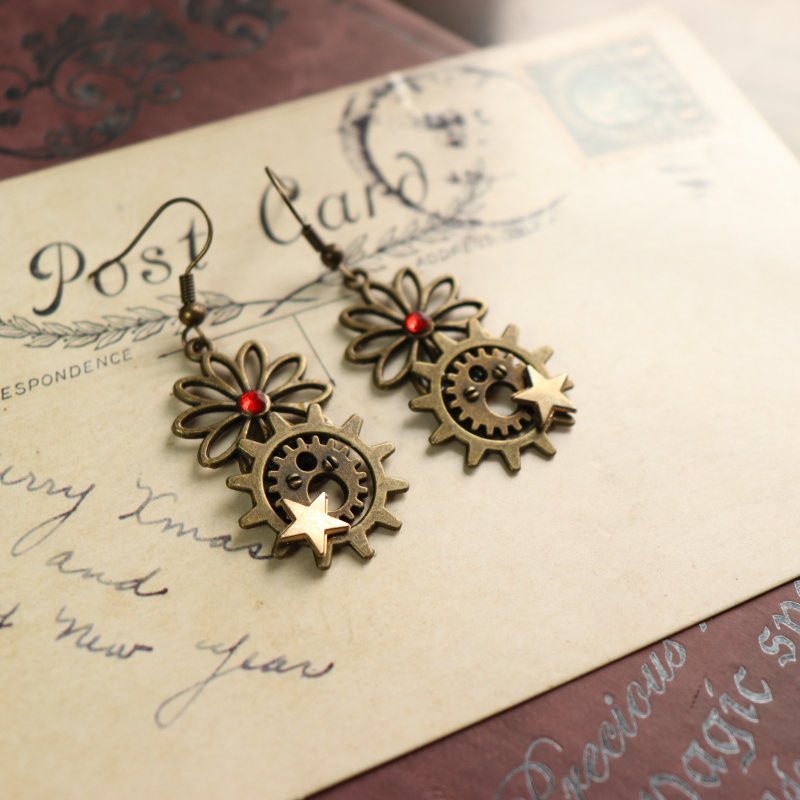 Flower Gear Star Steampunk Earrings/ Clip-On - Earrings & Clip-ons - Other Metals 