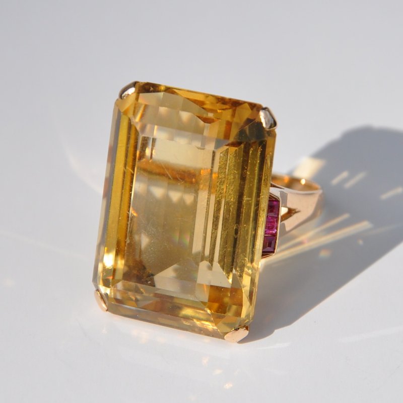 裝飾主義時期黃水晶、紅寶石雞尾酒14k金戒, 約1940年代。 - 戒指 - 半寶石 橘色