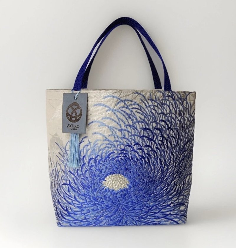 獨一無二真絲和服袋帶托特包, 日本手工刺繡升級改造包, 和風藝術 - 手提包/手提袋 - 絲．絹 藍色