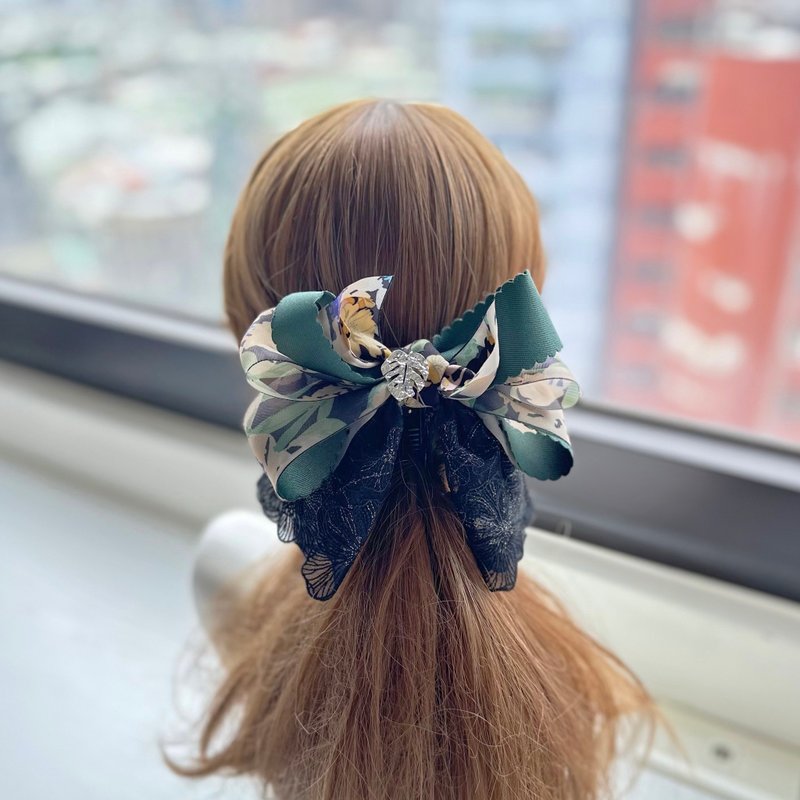 印花紗蕾絲蝴蝶結相交夾香蕉夾仙女夾髮夾-黑綠色熱帶雨林 - 髮夾/髮圈 - 其他材質 綠色
