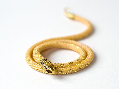 IrisBeadsArt Yellow beaded snake choker, Seed bead necklace, Ouroboros, Bead crochet necklace