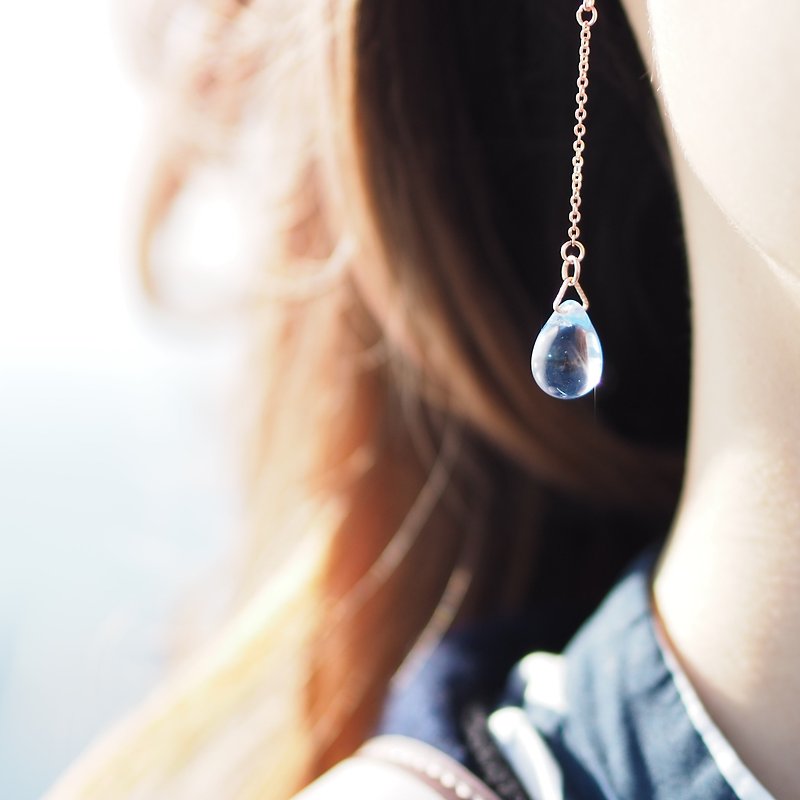 Minimal Pastel Blue Glaze Water Dropped 18K Rose Gold Glass Earrings - Earrings & Clip-ons - Glass Blue