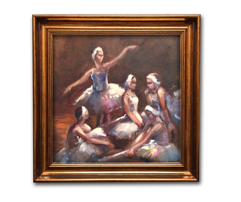 Framed Ballet Ballerinas' Painting by Valeriya Serova Original Impressionist - ของวางตกแต่ง - วัสดุอื่นๆ สีเหลือง