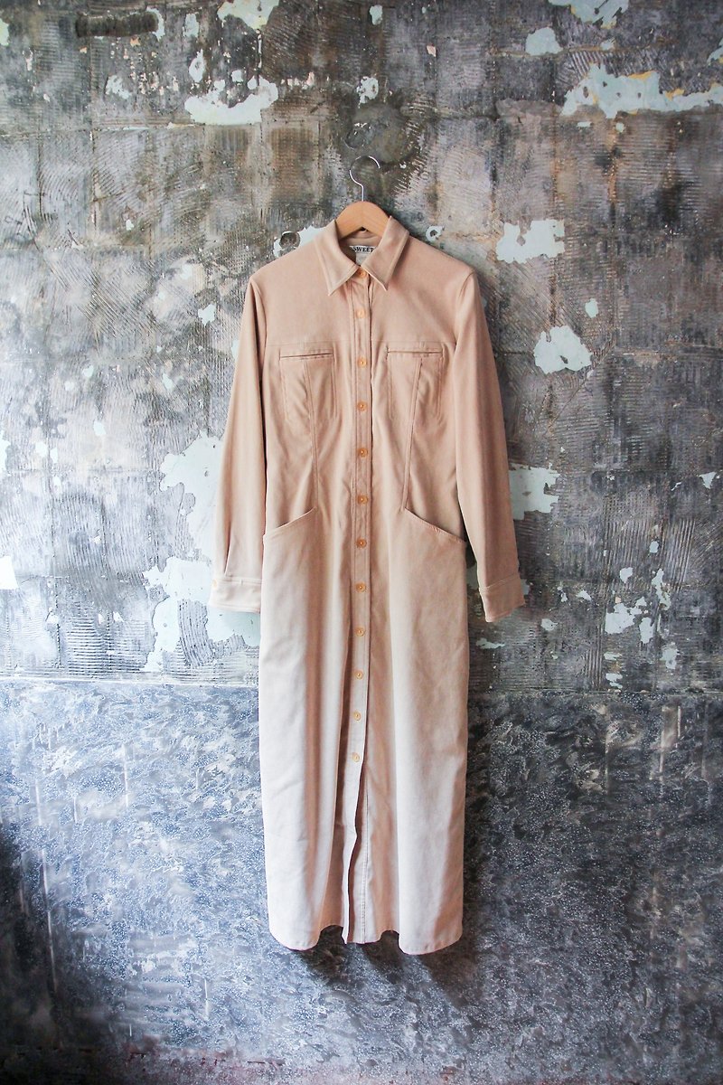 袅袅 department store -Vintage light beige buckled long-sleeved dress retro - One Piece Dresses - Other Materials 