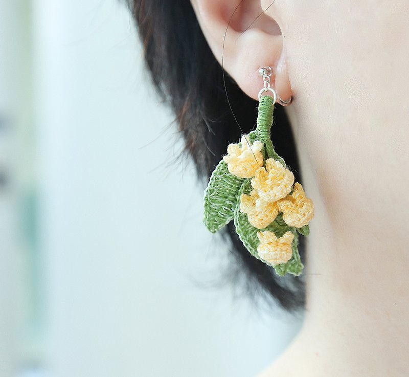 Lily of the valley earrings yellow three optional crochet soft flash effect pure silver ear hooks can be changed ear clips - ต่างหู - ผ้าฝ้าย/ผ้าลินิน สีเหลือง