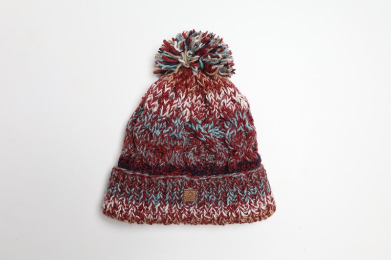 紅豆毛球雜線翻邊純羊毛線手工編織全襯防風毛帽|交換禮物|聖誕節 - 帽子 - 羊毛 紅色