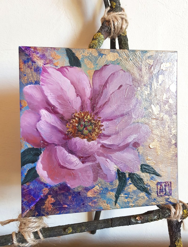 Small original cute Peony flower artwork hand painted Oil painting on Cardboard - 壁貼/牆壁裝飾 - 其他材質 