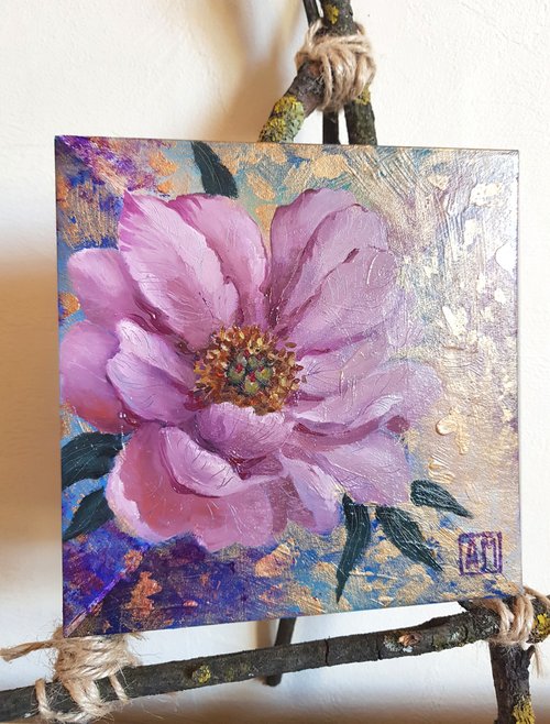 Arina Morozova Small original cute Peony flower artwork hand painted Oil painting on Cardboard