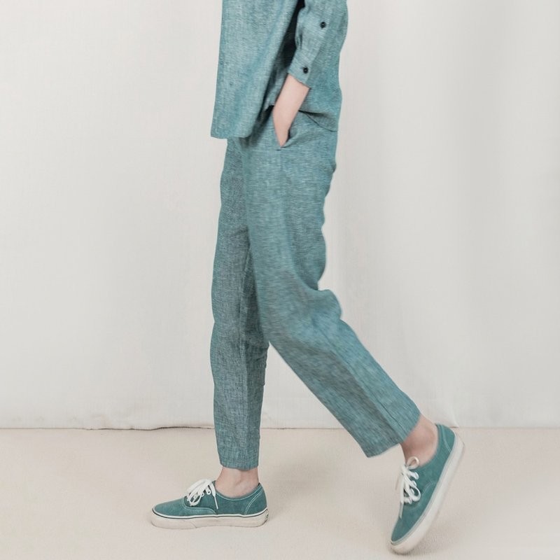 Chestnut Clothing Institute | Branch GM Kingfisher Blue Ultra-thin Linen Single-layer Lining-free Mid-waist Straight-leg Skinny Casual Pants - กางเกงขายาว - ผ้าฝ้าย/ผ้าลินิน 