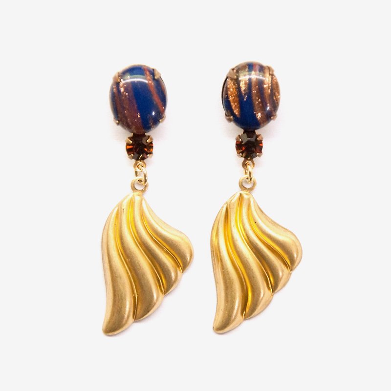 Vintage Blue with Goldstone Oval Glass and Brass Baroque Charm Dangle Earrings,Post Earrings, Clip On Earrings - ต่างหู - โลหะ สีน้ำเงิน