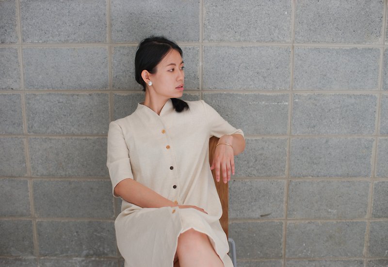 Beishan Baiyun_Pure Cotton Small Round Collar Dress - One Piece Dresses - Cotton & Hemp White