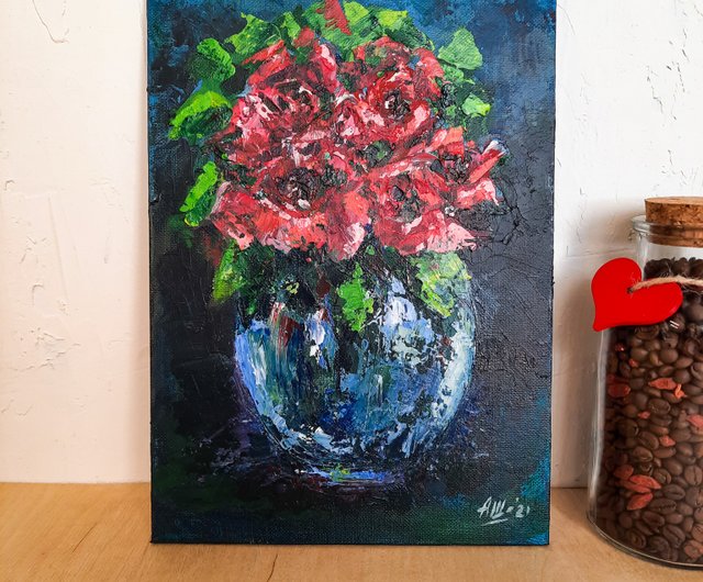 赤いバラ　アクリル画 超美品！原画 赤薔薇 アクリル画 絵画 赤いバラのテクスチャー