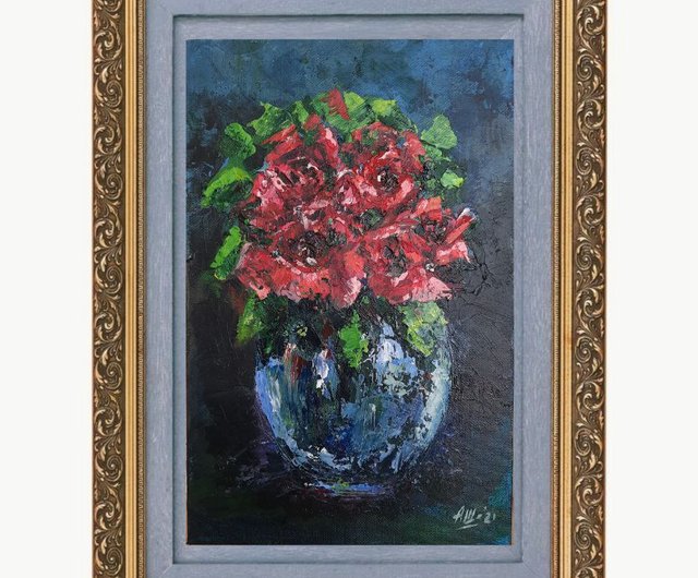 赤いバラの絵オリジナルのアクリル画花の絵抽象的な静物