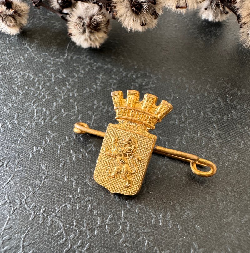 Antique golden Belgian BELGIQUE national emblem castle pin B1790 - เข็มกลัด - โลหะ สีทอง