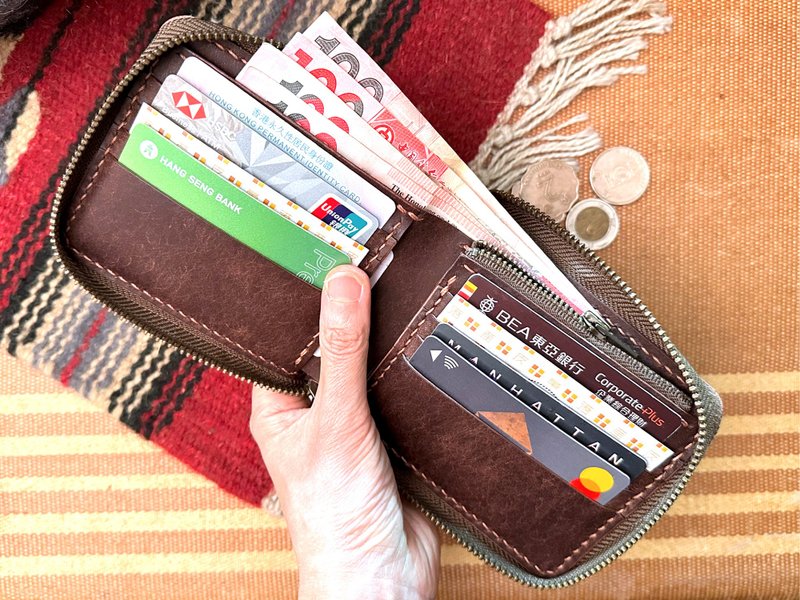 三邊拉鏈8卡位+零錢位短銀包 好好縫 皮革DIY材料包 刻字 錢包 - 皮件/皮革 - 真皮 咖啡色