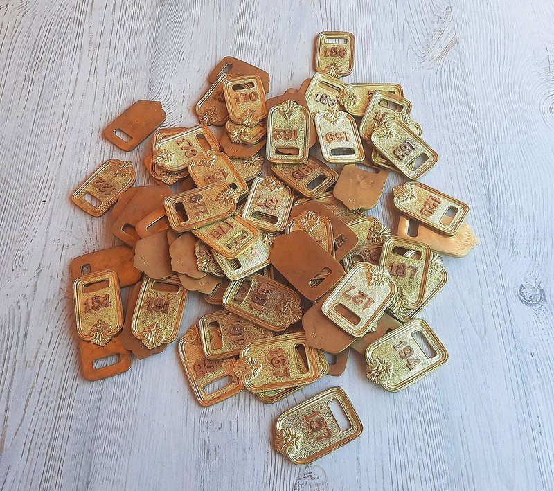 Soviet Kremlin dressing room number tags – Moscow wardrobe brass token vintage - Other - Copper & Brass Orange