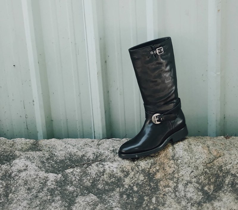 方圓東方韻 手工植糅中筒騎士靴 工程師靴 手工製 - 女長靴/高筒靴 - 真皮 黑色