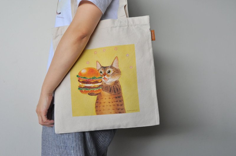 Illustration cat canvas bag-short burger - Handbags & Totes - Cotton & Hemp 