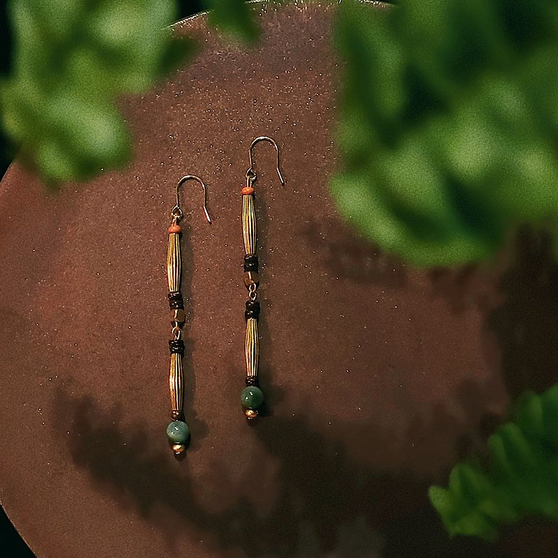 【Jadeite】light oriental Bronze natural jade jade earrings can be changed - ต่างหู - หยก สีทอง