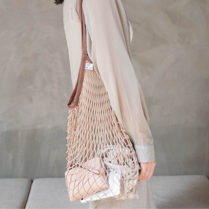 法國Filt經典手工編織袋-可可咖啡柄 Beige Mastic Marron Sepia - 手提包/手提袋 - 棉．麻 多色