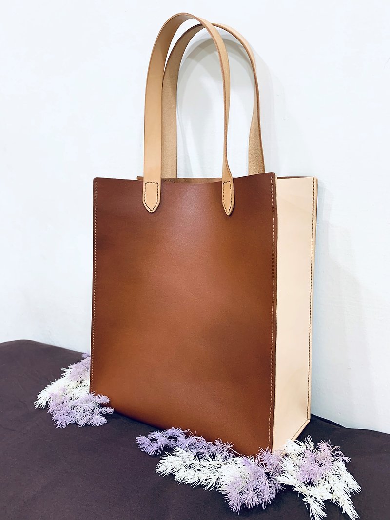 Jumping color tote bag - Handbags & Totes - Genuine Leather Brown