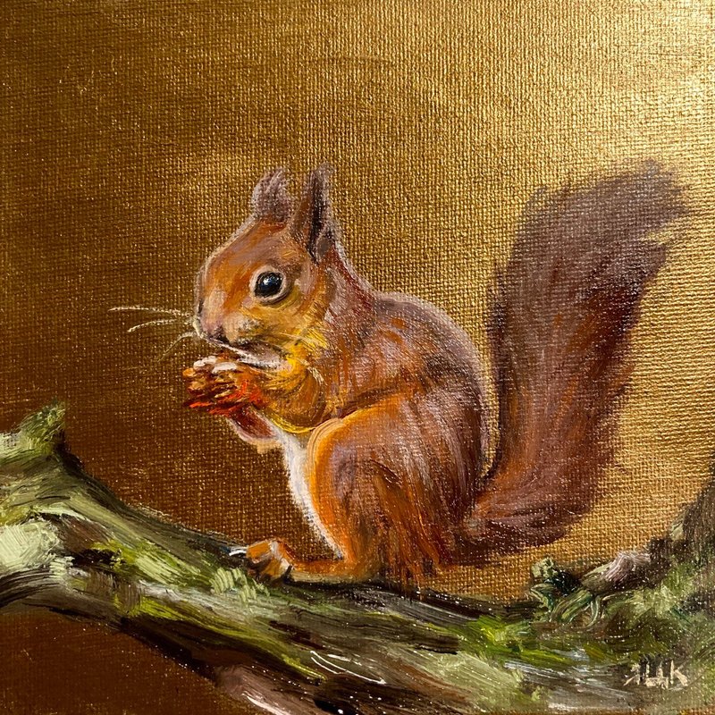 Small Painting Original Oil On Canvas Animal Painting Squirrel Artwork 动物画 小油画 - ตกแต่งผนัง - ผ้าฝ้าย/ผ้าลินิน สีทอง