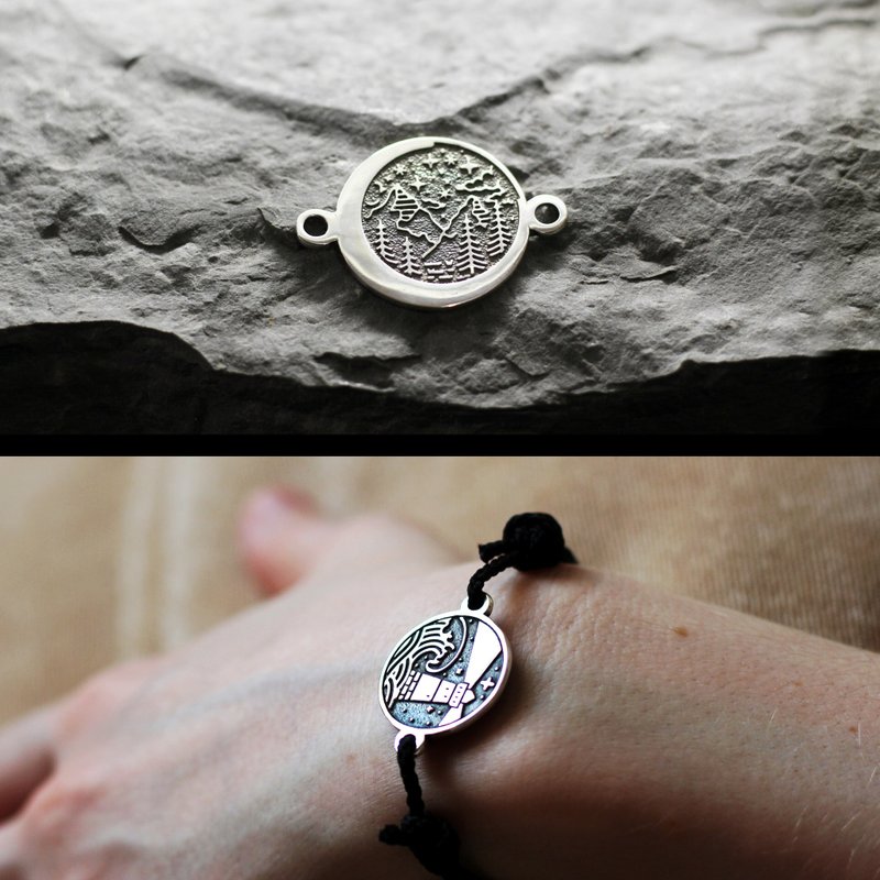 Moon crescent and mountain view silver bracelet traveller symbol. Nature lover - 手鍊/手環 - 純銀 銀色