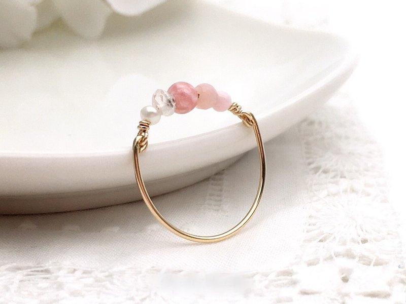 Strawberry Milk - 4 types of natural stones and freshwater pearl wire ring - General Rings - Gemstone Pink