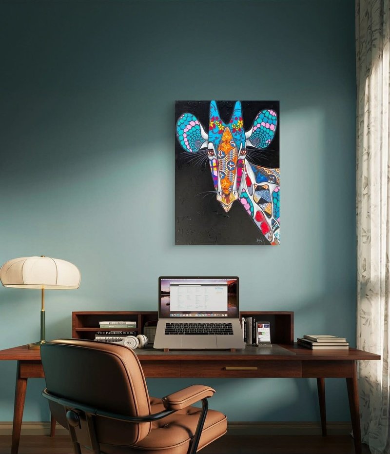 【V362 Kitenge Giraffe】Tanzanian Hand-Painted Unframed Wall Art, Home Decor - โปสเตอร์ - วัสดุอื่นๆ 