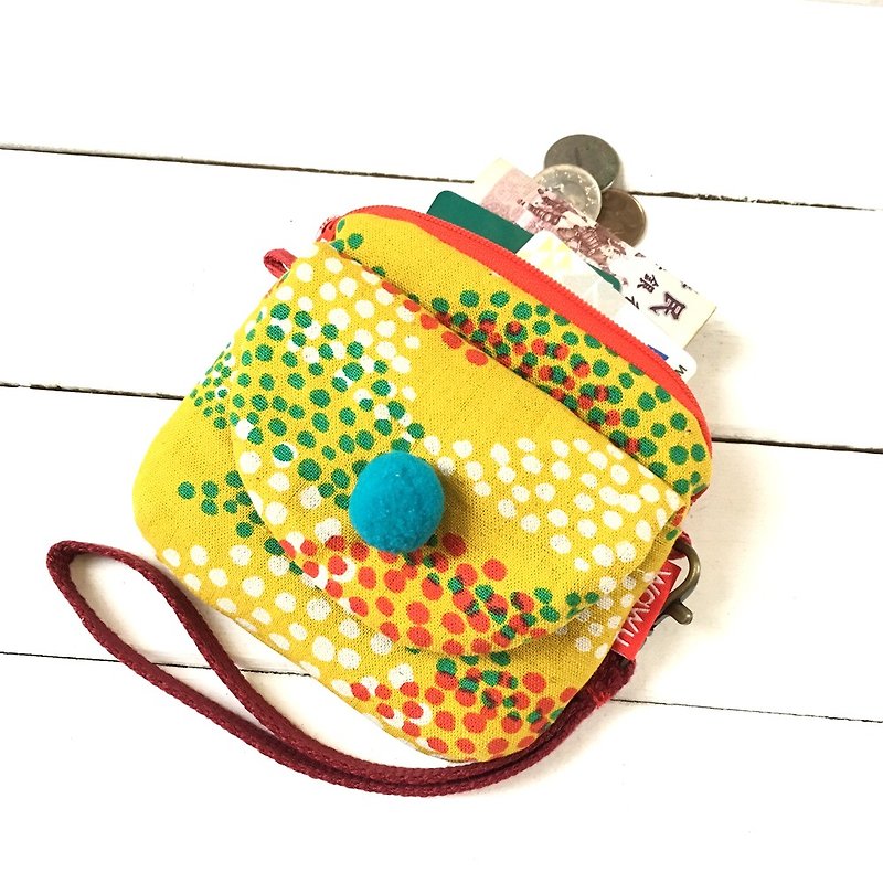 WaWu Square Wallet (yallow dot fabric)Japan fabric - กระเป๋าใส่เหรียญ - ผ้าฝ้าย/ผ้าลินิน สีเหลือง