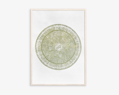 daashart Large linocut print Khaki geometric bohemian eclectic circle Original artwork