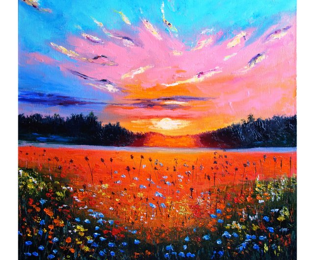 野花絵画油絵サンライズオリジナルアート風景アートワーク