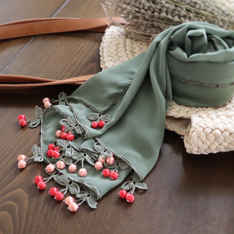 OYA crochet chiffon shawl【CHERRY】Ivy Green - Scarves - Other Man-Made Fibers Green