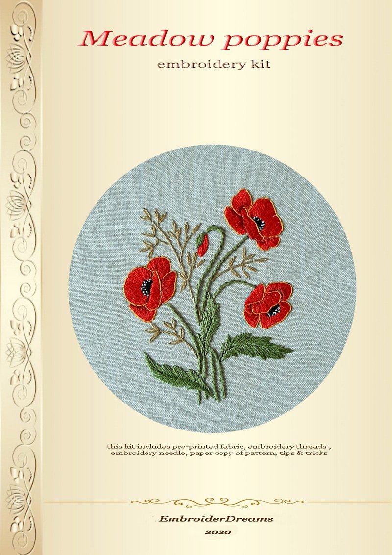 手工刺繡套件 Poppy hand embroidery kit. - 編織/刺繡/羊毛氈/縫紉 - 繡線 紅色