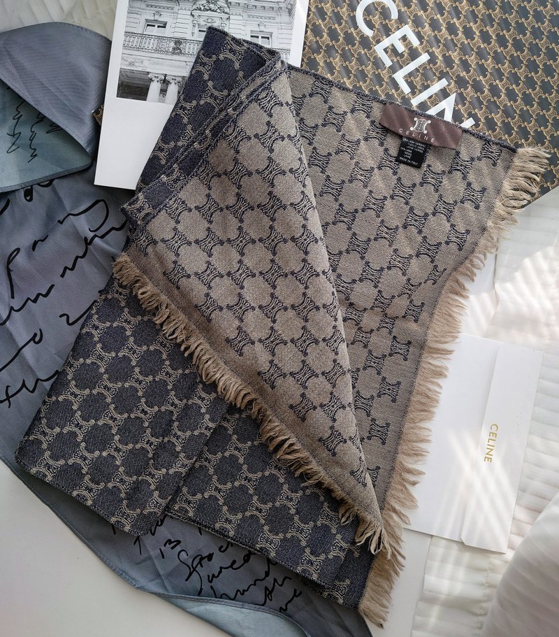 中古孤品 CELINE 老花凱旋門 羊毛 毛毯蓋毯頸巾圍巾領巾圍脖披肩 - 圍巾/披肩 - 羊毛 藍色