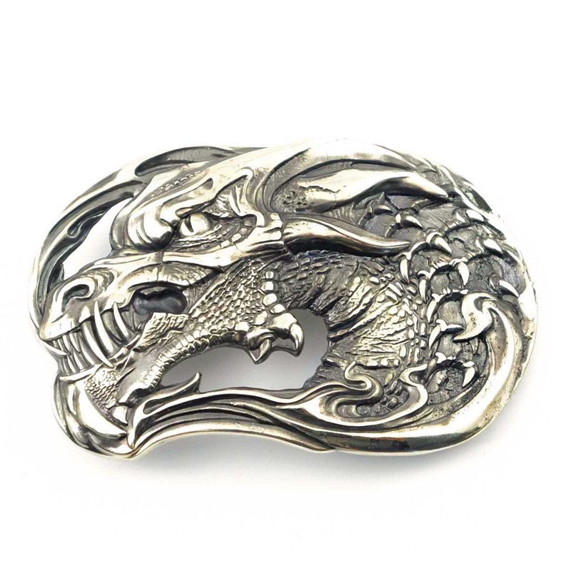 Long Dragon soild german silver belt buckle, nickel silver belt accessory - เข็มขัด - วัสดุอื่นๆ สีเงิน