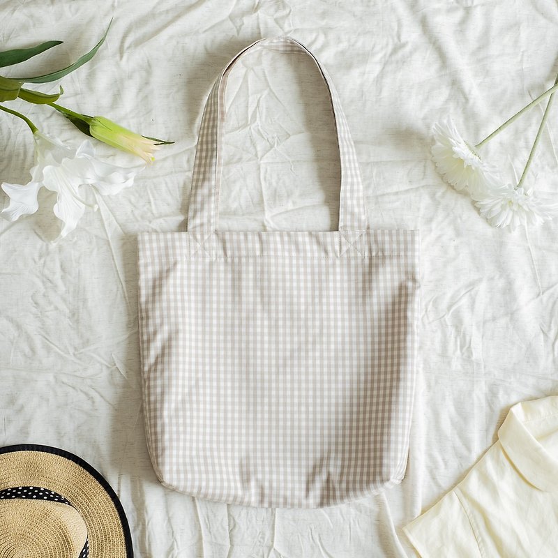 Beige Grid Cotton Tote Bag - Handbags & Totes - Cotton & Hemp Khaki