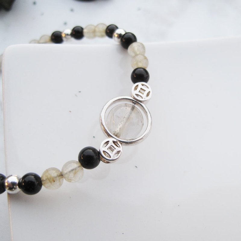 Big staff Taipa [manual silver] obsidian × titanium crystal energy stone girl sterling silver bracelet - สร้อยข้อมือ - เครื่องประดับพลอย สีเงิน