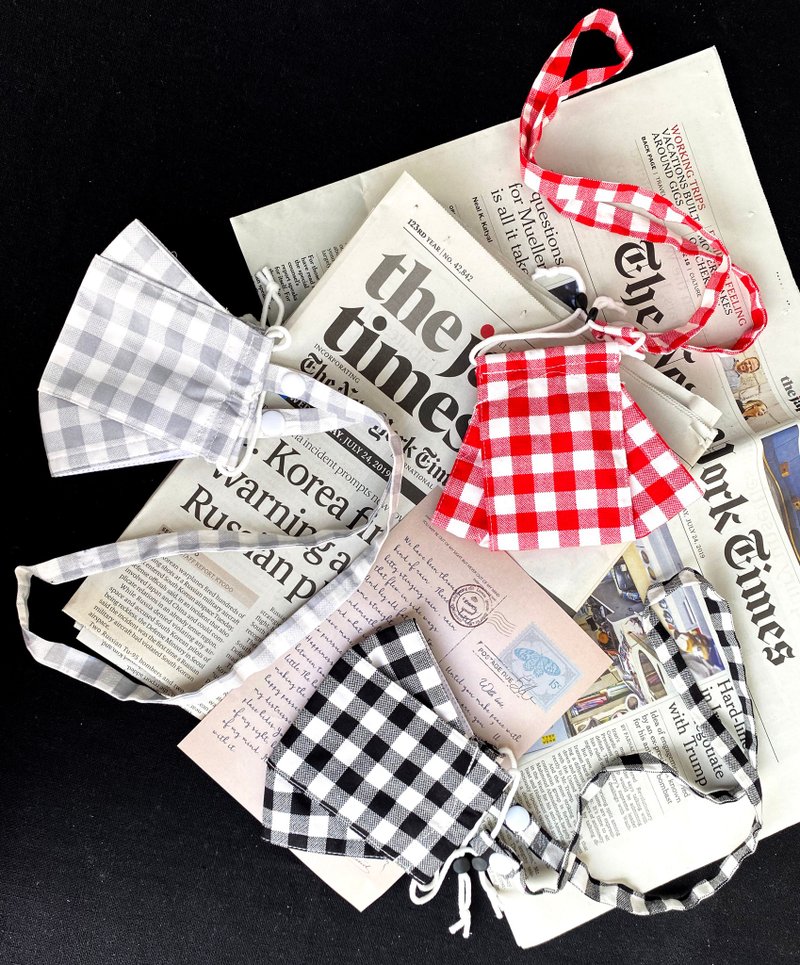 Gingham check facemask with removable strap -  4 layers 100% double yarn cotton - 口罩/口罩收納套 - 棉．麻 