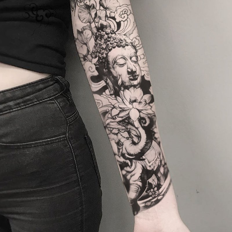 2pics 【elephant and buddha】High-grade Tattoo Sticker Waterproof and Dur - Temporary Tattoos - Paper Black