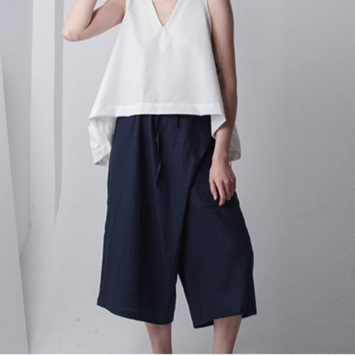 Navy blue special edition with a pair of pants to Mars heavy drawstring neutral linen wide-leg pants