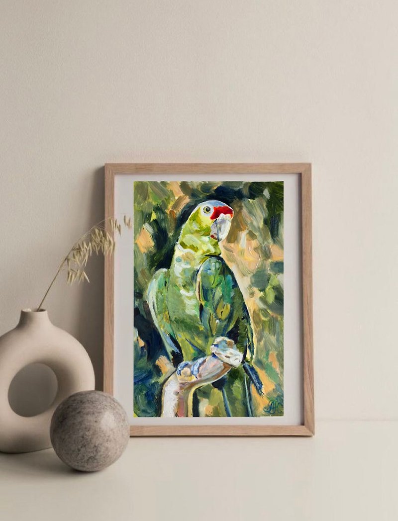 Parrot portrait pet bird wall art original oil painting handmade 6 by 9 inches - ตกแต่งผนัง - กระดาษ สีเขียว