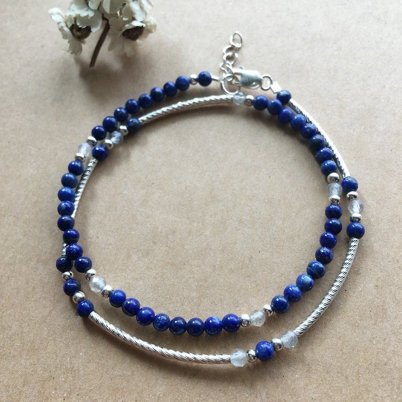 Lapis lazuli and labradorite sterling silver double tube bracelet - สร้อยข้อมือ - เครื่องเพชรพลอย สีน้ำเงิน