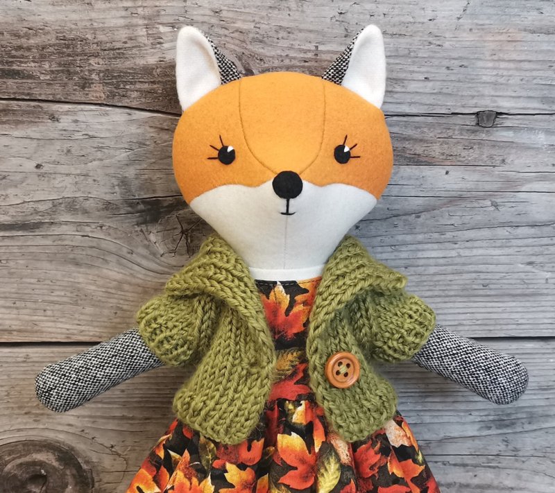 Orange fox girl, handmade stuffed wool doll, textile plush fox - 公仔/玩偶 - 羊毛 橘色