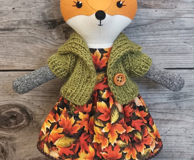 Orange fox girl, wool plush doll, handmade fabric fox toy