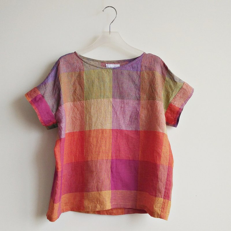 Sleeve blouse linen color grid - เสื้อผู้หญิง - ผ้าฝ้าย/ผ้าลินิน หลากหลายสี