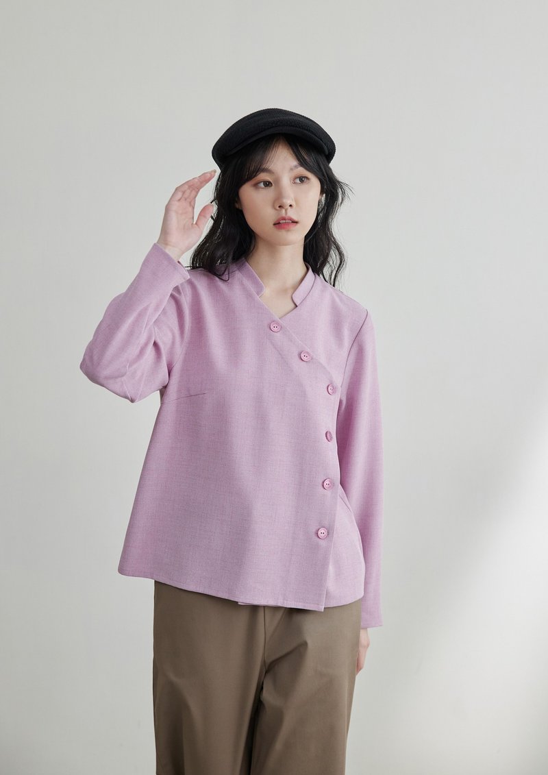 春語開襟薄袖襯衫 - 女襯衫 - 聚酯纖維 粉紅色