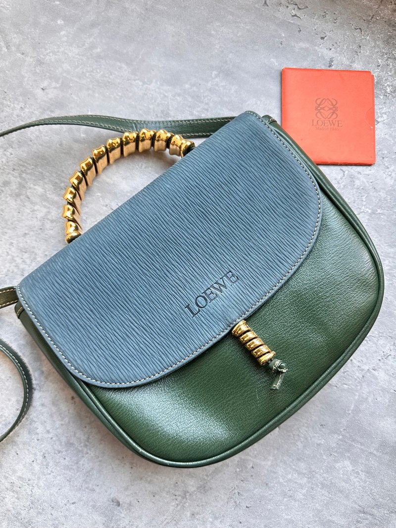 Rare second-hand bag Vintage Loewe Teal snake bone half-moon handbag crossbody bag - Messenger Bags & Sling Bags - Genuine Leather 