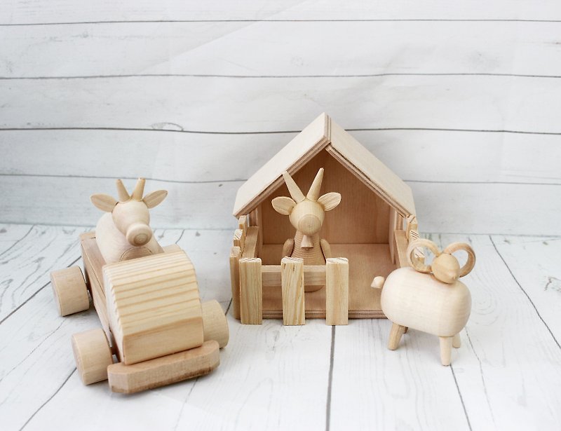 モンテッソーリの赤ちゃんのおもちゃ - 小さな農場、動物、トラック - 知育玩具・ぬいぐるみ - 木製 ブラウン
