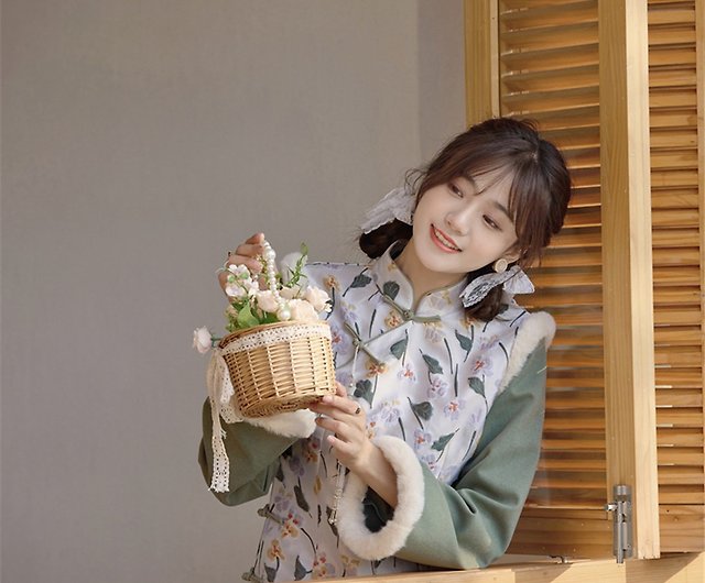 高品質サテン織ジャガード チャイナドレス風ワンピース(花柄×グリーン